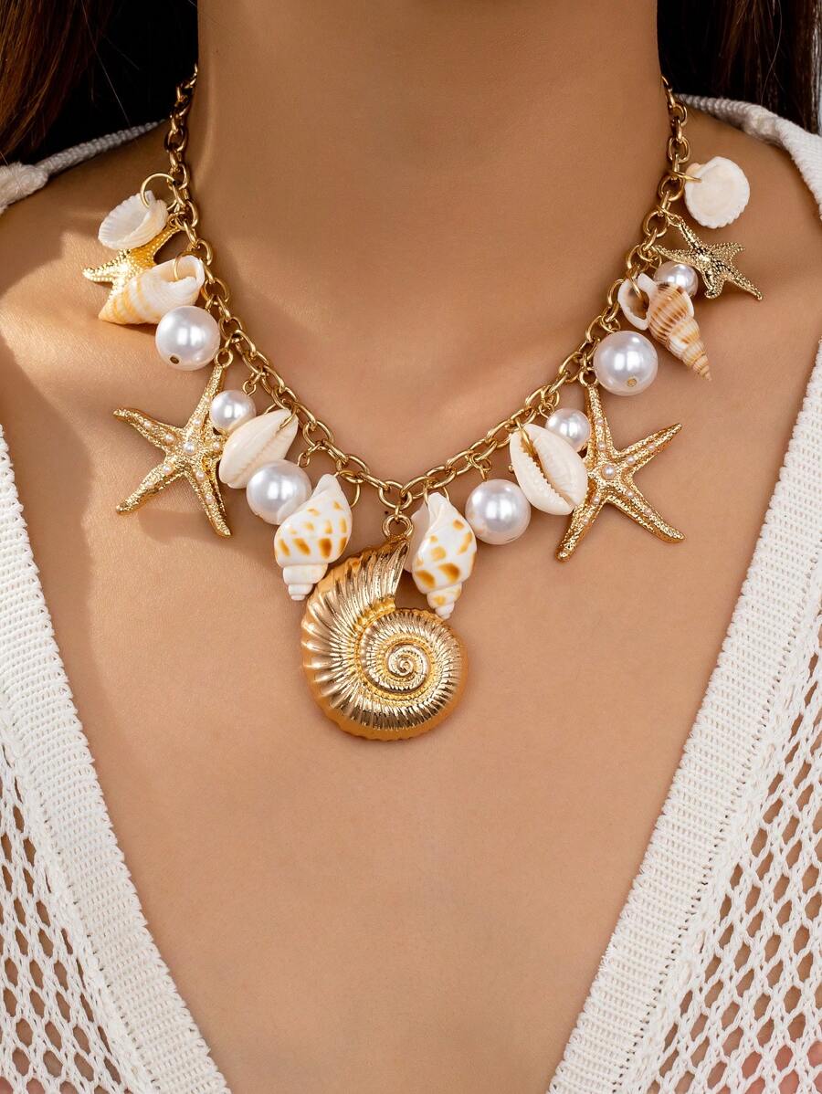 1 Pc Ocean Inspired Starfish Shell Pendant Necklace, Sea Beach Style Multi Charms Necklaces Jewelry For Summer Vacation, Beachy Jewelry