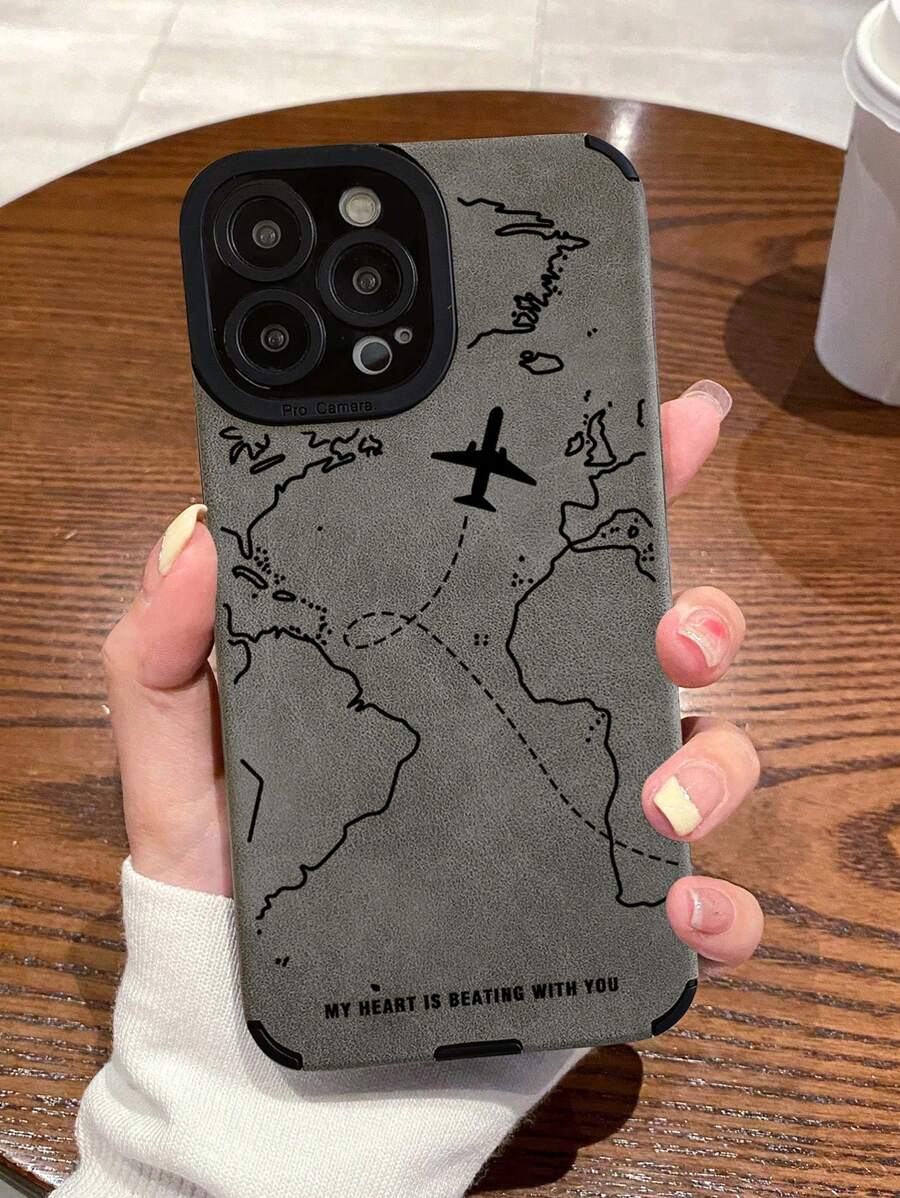 Funda de teléfono con textura mate gris - Diseño de mapa mundial y avión, cita romántica - Estilo inspirado en viajes - Compatible con iPhone: 13, 14, 15, 16 Pro Max, 16, 15 Plus