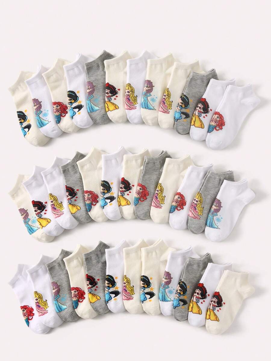 5/10/15 Paar Damen/Herren/Mädchen/Jungen/Paar, Frühling/Sommer, niedrig geschnittene Socken, Dekor mit Cartoon-Prinzessinnen-Muster, süß, hautfreundlich, weich, atmungsaktiv, vielseitig, geeignet für Studenten, Erwachsene, Party, Urlaub, Büro, Zuhause und den Alltag, zufällige Farbe und Stil