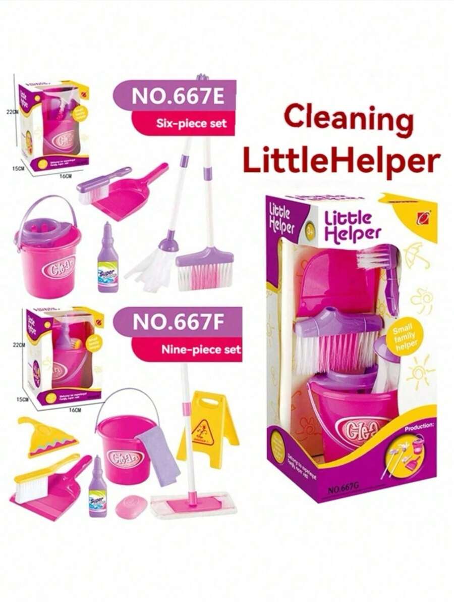 Set de 6/9 piezas de juego de limpieza para niños, juguetes de rol para niños y niñas, conjunto de herramientas de limpieza en miniatura realistas que incluye escoba, trapeador, cubo, accesorios de estilo aleatorio, regalo de vuelta a clases