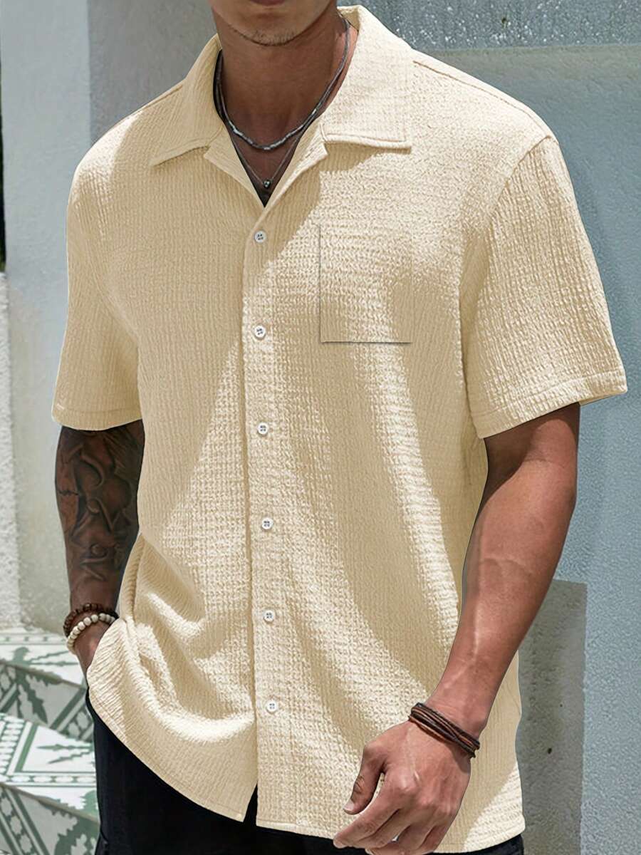 Men's Textured Jacquard Short Sleeve Shirt, Breathable Quick-Dry Casual Beach Casual Shirt Suitable For Daily Wear