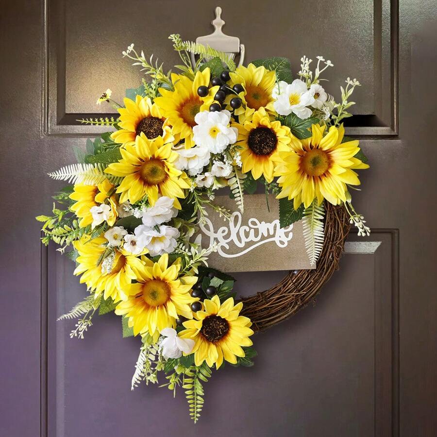 1pc Sunflower Wreath With Welcome Sign, Spring/Summer Entrance Wreath, Suitable For Indoor/Outdoor Wall, Window, Farmhouse Home Decor