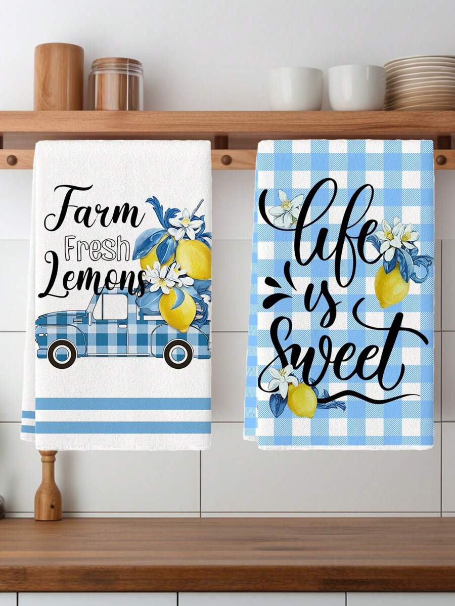 2 pièces Serviettes de cuisine style ferme Motifs truck à carreaux bleus et buffles jaunes, avocat vert. Serviettes à vaisselle, essuie-mains pour la cuisine, restaurant et table à manger