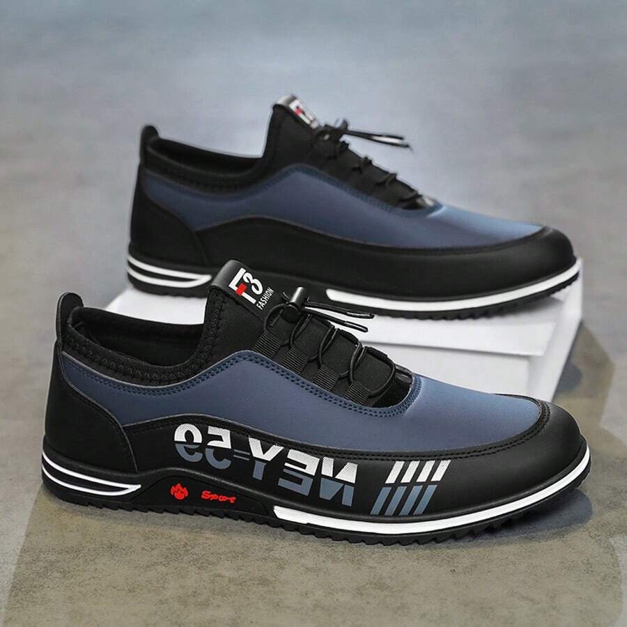 Men Casual Sports Shoes, Business Casual Shoes New Style With Elastic Adjustable Laces, Comfortable PU Leather Upper, Waterproof & Dirt-Resistant, Solid Color & Letter Print, Slip-On Loafers, Casual Outdoor Sneakers, Daily Office Wear, Hangout, Party, Simple Low-Top Flat Shoes