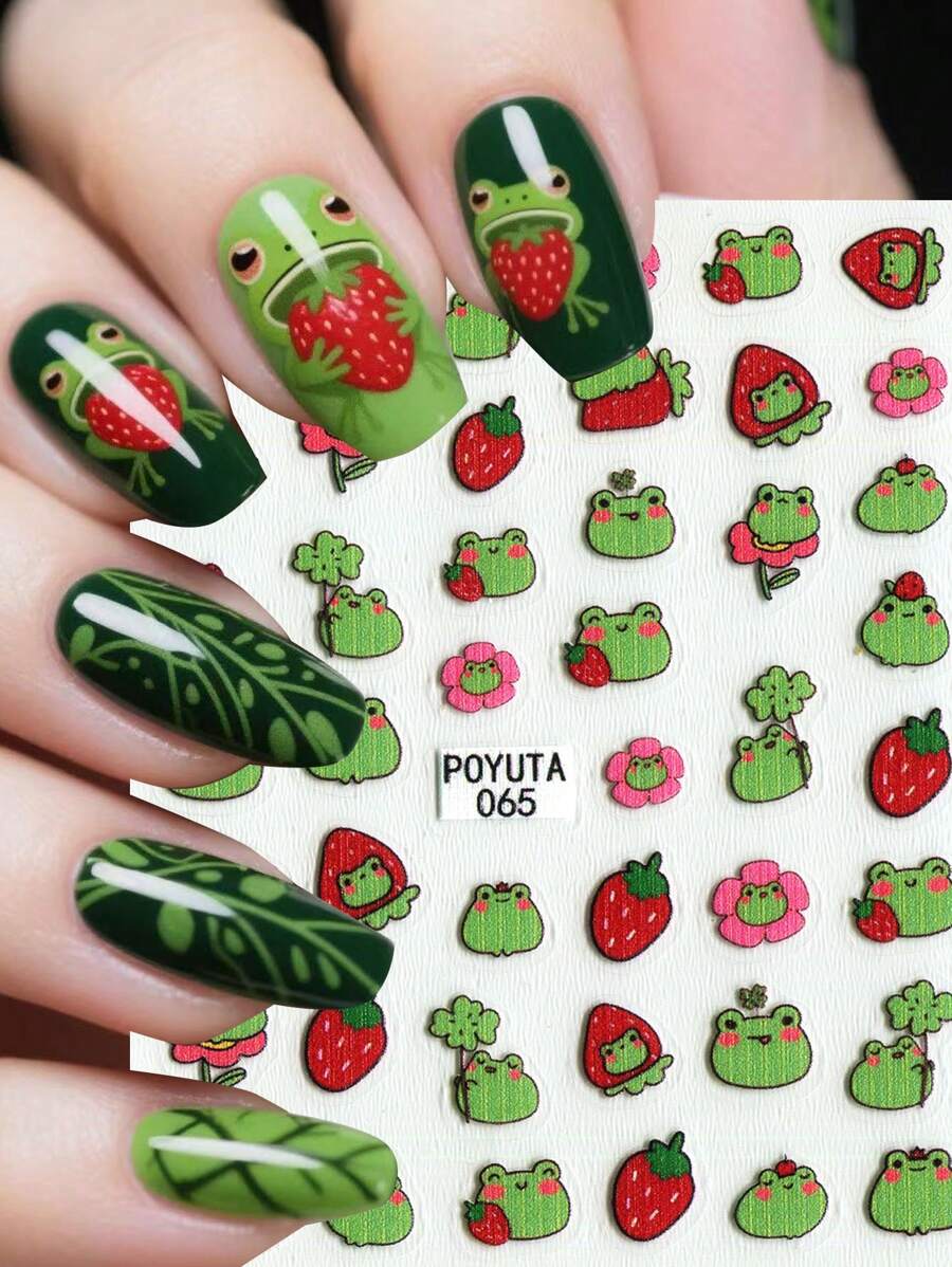 1pc Cute Cartoon Frog Nail Art Stickers, Self-Adhesive Plastic Nail Decals With Frog, Leaves, Strawberry, Flower Designs, Glossy Surface, Asymmetrical Shapes, Disposable DIY Nail Salon Supplies For Women