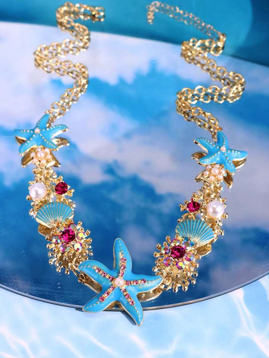 1pc Fashionable, Exquisite, Lively, Creative, Cute, Unique, Glittering, Colorful, Boho Style, Navy Blue Starfish & Shell Necklace, Women's Summer Beach Holiday, Daily Party Festival Jewelry