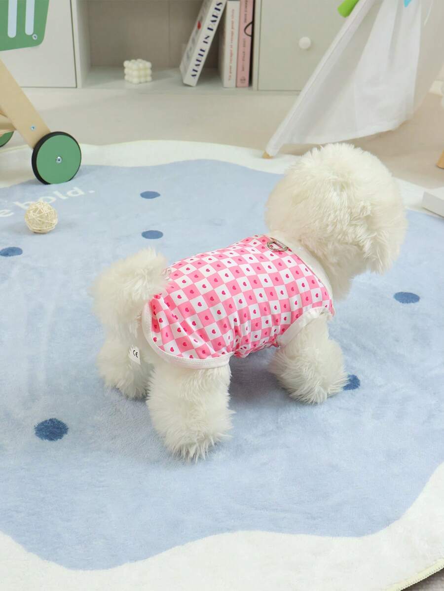 1 pieza Camisa para perros pequeños nueva de diseño de corazón a cuadros bicolor transpirable, con collar y correa incorporada, ligera, para verano