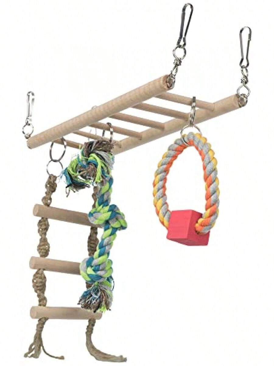 Small Animal Suspension Bridge - Hanging Cage Accessory With Ladder, Rope, And Ring Rats, Ferrets, Guinea Pigs, Mice, And Birds