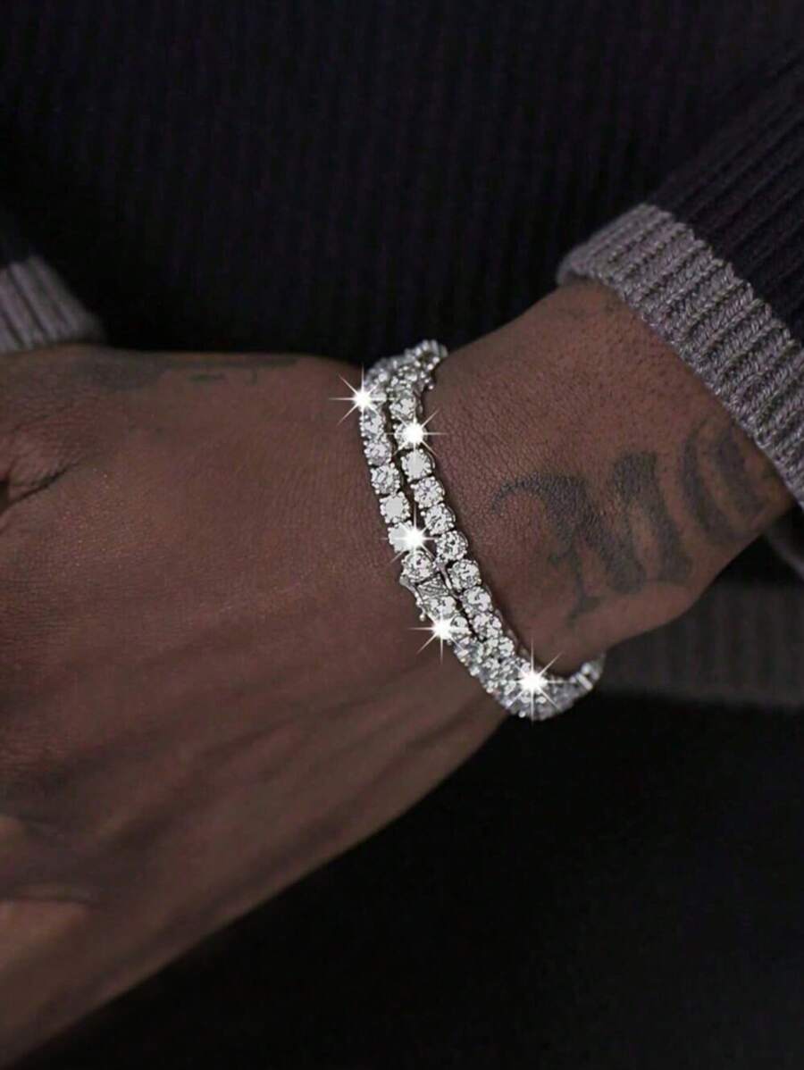 1 pieza Pulsera con cadena de bolas tipo pelota de tenis incrustada con circonita cúbica, joyería de estilo hip hop, unisex, adecuada para fiestas diarias