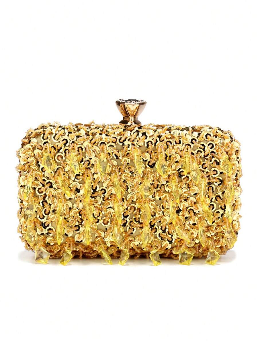 Retro Beaded Evening Clutch Bag, Removable Shoulder Strap, Solid Color Polyester Handbag With Buckle Closure And Decorative Box-Shaped Wallet, Suitable For Banquets And Parties