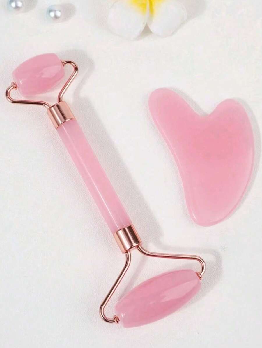 1pc Facial Beauty Massage Tool Set, With Roller Massager And Scraping Plate, For Body And Back, Pink/White Optional Home Bathroom Decor