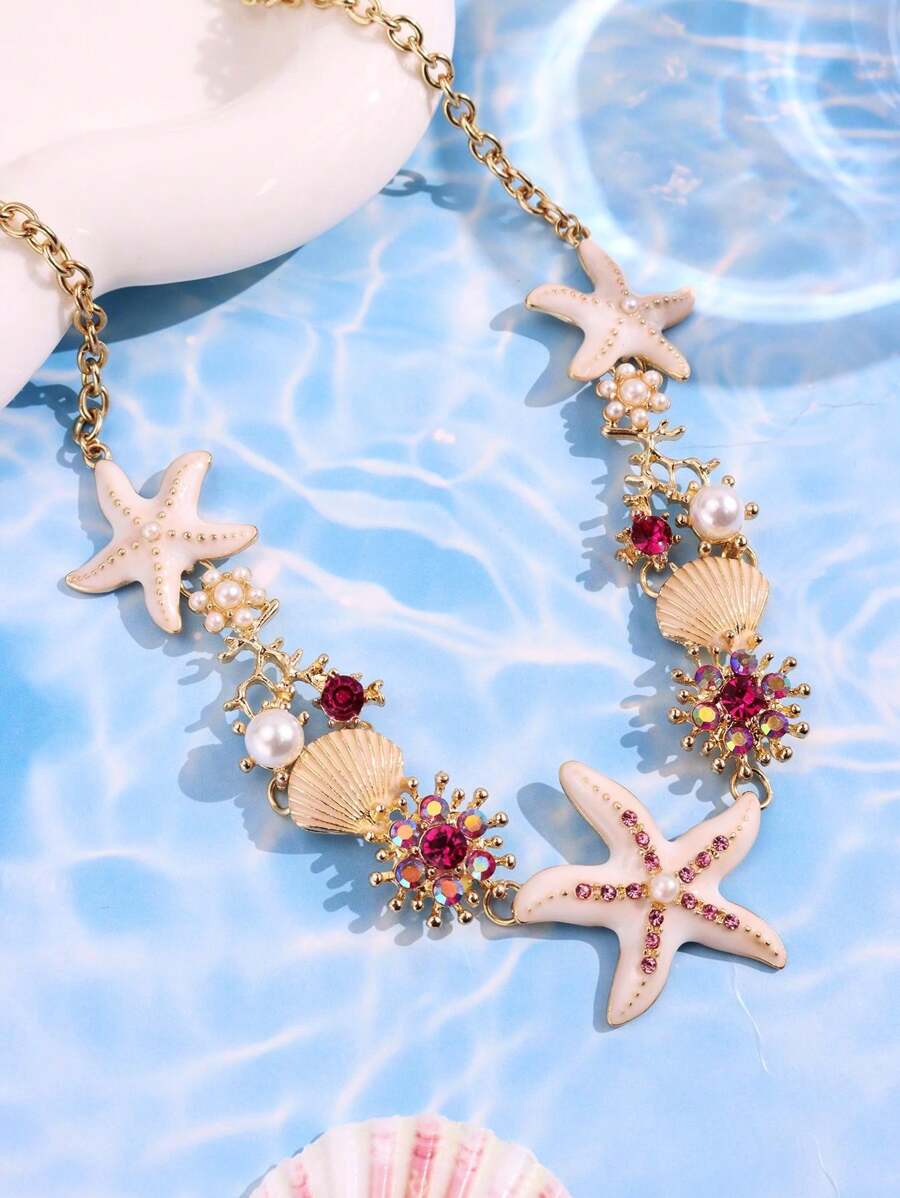 1pc Fashionable Exquisite Luxury Versatile Cute Creative Quirky Unique Shiny Bohemian Style White Starfish & Shell Necklace For Women, Suitable For Summer Beach, Party, Commute, Holiday, Vacation