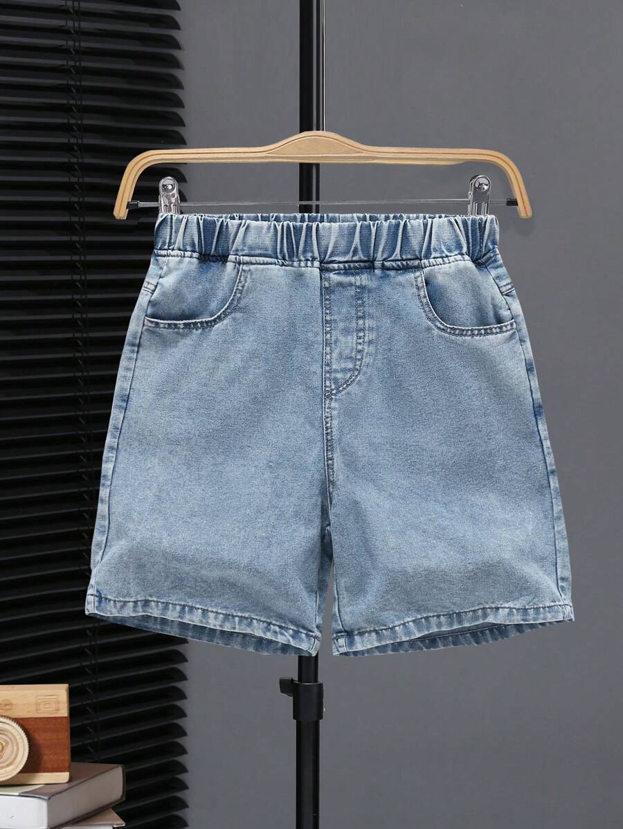 1 pieza Shorts vaqueros de lavado claro de pierna recta casual y vintage para niños preadolescentes