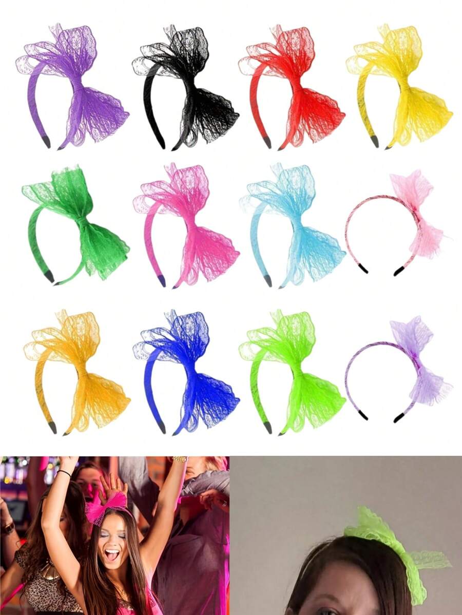 1/2Pcs Colorful Lace Bowknot Headbands For Women, Retro Style 80's Neon Party Street Hip-Hop Fashionable Accessory, Festive Bowknot Headwear For Parties, Social Events, Family Gatherings, Halloween, Holiday Gifts