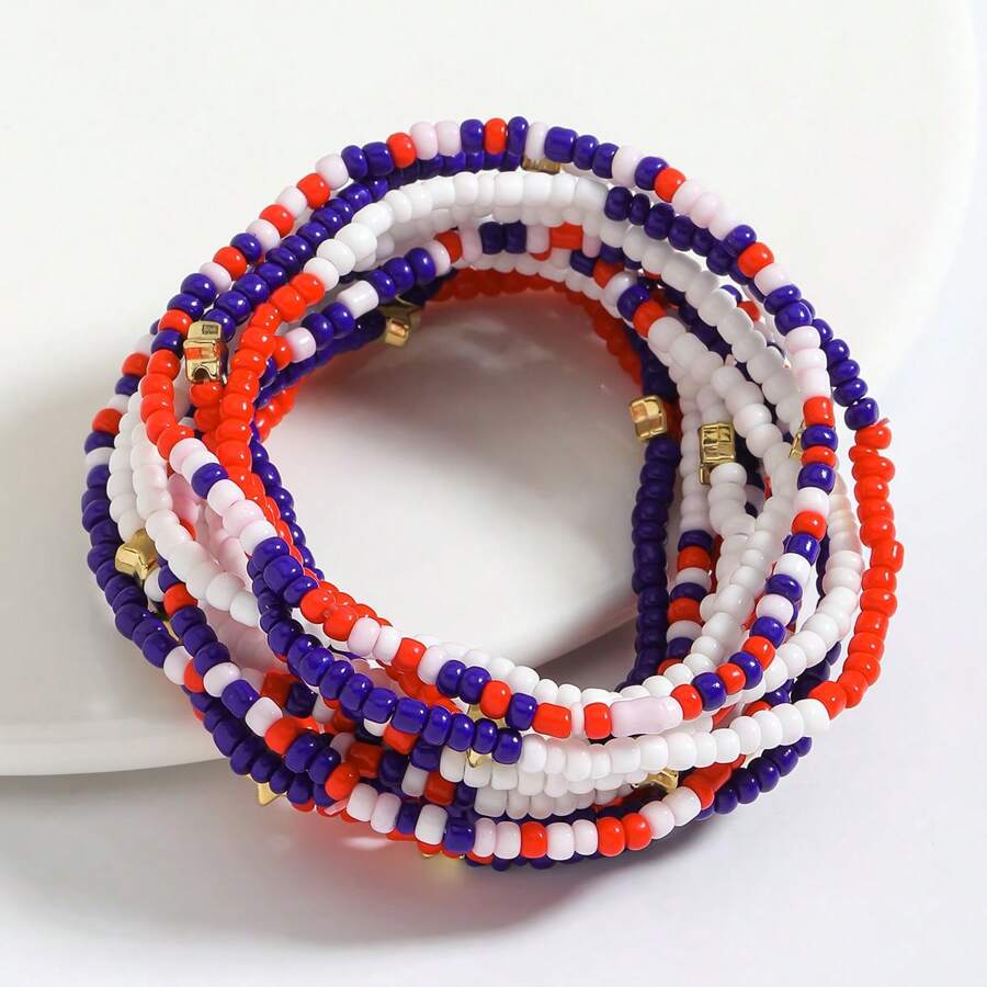 14pcs Handmade Elastic Beaded Bohemian Style Bracelets Set, Fashionable Independent Day USA Flag Color Beads Charm Bracelets, Suitable For Holiday Party And Daily Wear