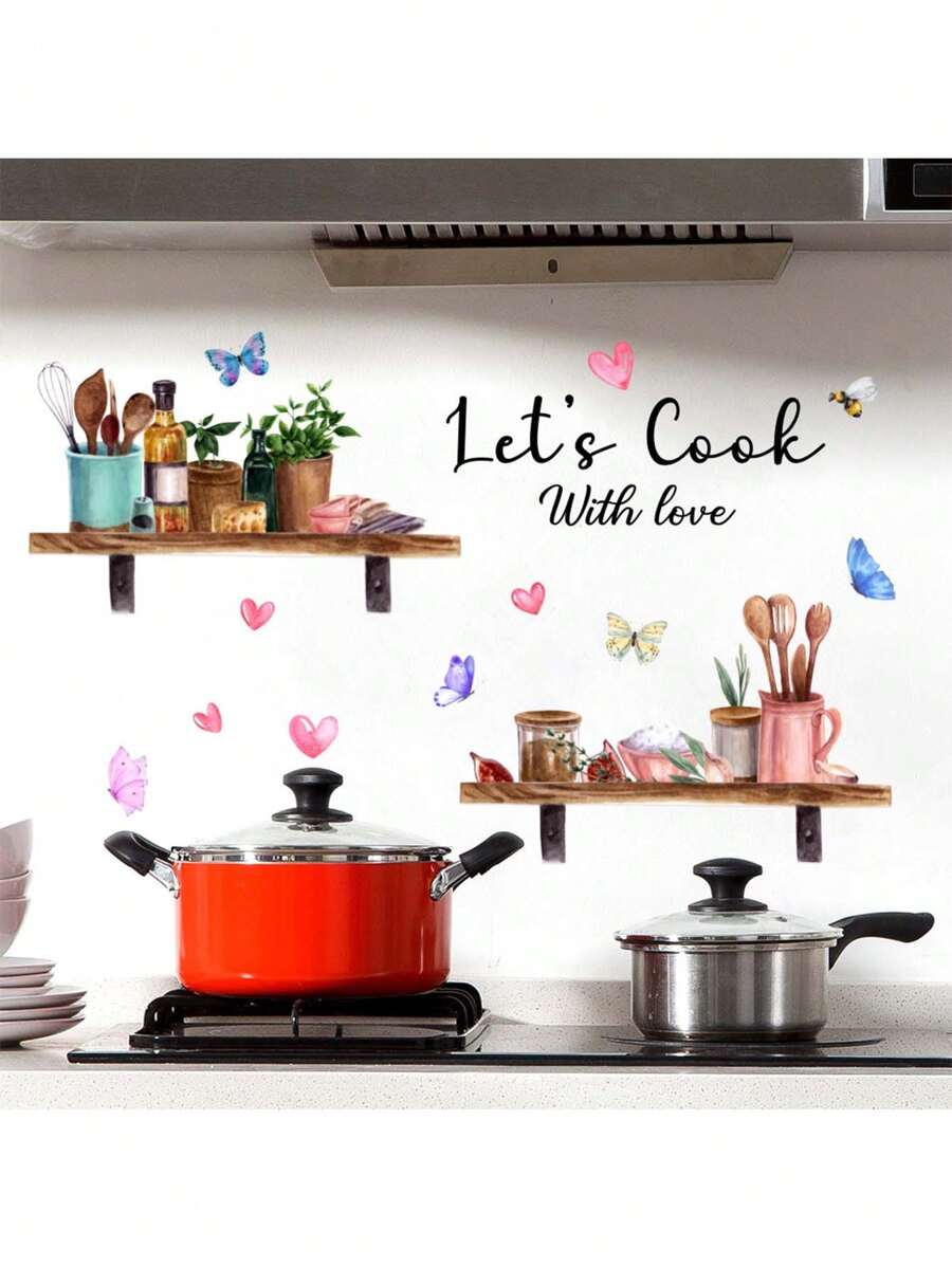 Kitchen Stickers/Decorative Stickers English Kitchen Utensils Ingredients Bee Butterfly Stickers Waterproof And Dustproof Stickers, 1 Piece Pvc Material Removable Wear-Resistant Stickers, Suitable For Kitchen Decoration, Wall Decoration, Restaurant Decoration, Wall Stickers 23.62 * 11.81 Inches, Interesting Birthday Gifts, Graduation Gifts, Make Your Home A New Look