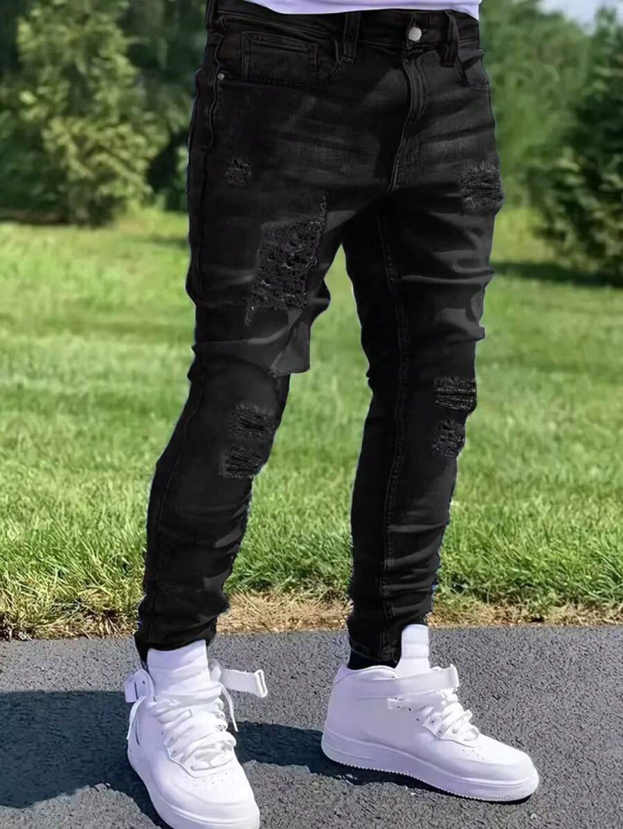 1pc Men's Slim Fit Distressed Black Straight Leg Casual Jeans, Elastic, With Pockets, Breathable, Suitable For City Walking, Family, Outdoor Activities, All Season