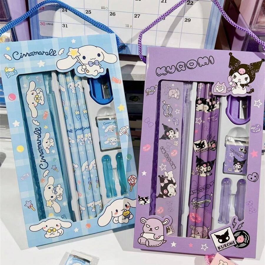 Sanrio Ensemble cadeau de papeterie Sanrio hello kitty et Cinnamoroll - Assortiment de fournitures scolaires en plastique avec règle, crayon, taille-crayon et gomme - Parfait pour les étudiants, les récompenses et les cadeaux de rentrée scolaire