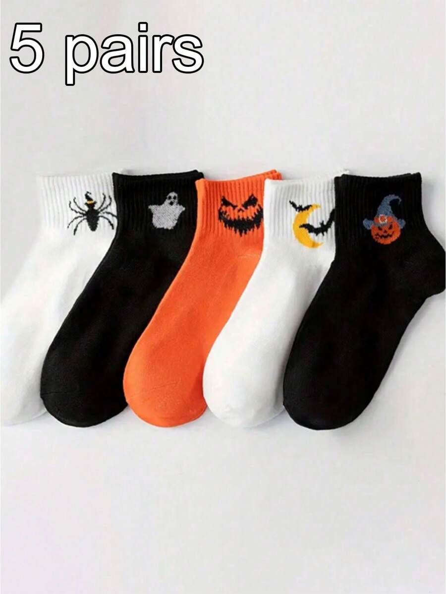 5 Pairs Unisex Creative Pattern Ankle Socks, Fashion, Casual, Everyday Wear, Versatile, Suitable For Halloween Outfit