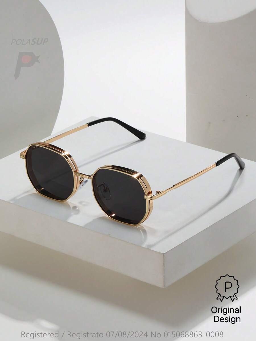 015068863-0009-SX2358 1 buc Ochelari de soare geometrici metalici de vară pentru bărbați, ochelari stil stradal la modă, negri/aurii/argintii/maro, ramă mai groasă cu orificii de ventilație, vine cu husă din piele PU sau hârtie (aleatoriu) Look preppy la modă pentru întoarcerea la școală