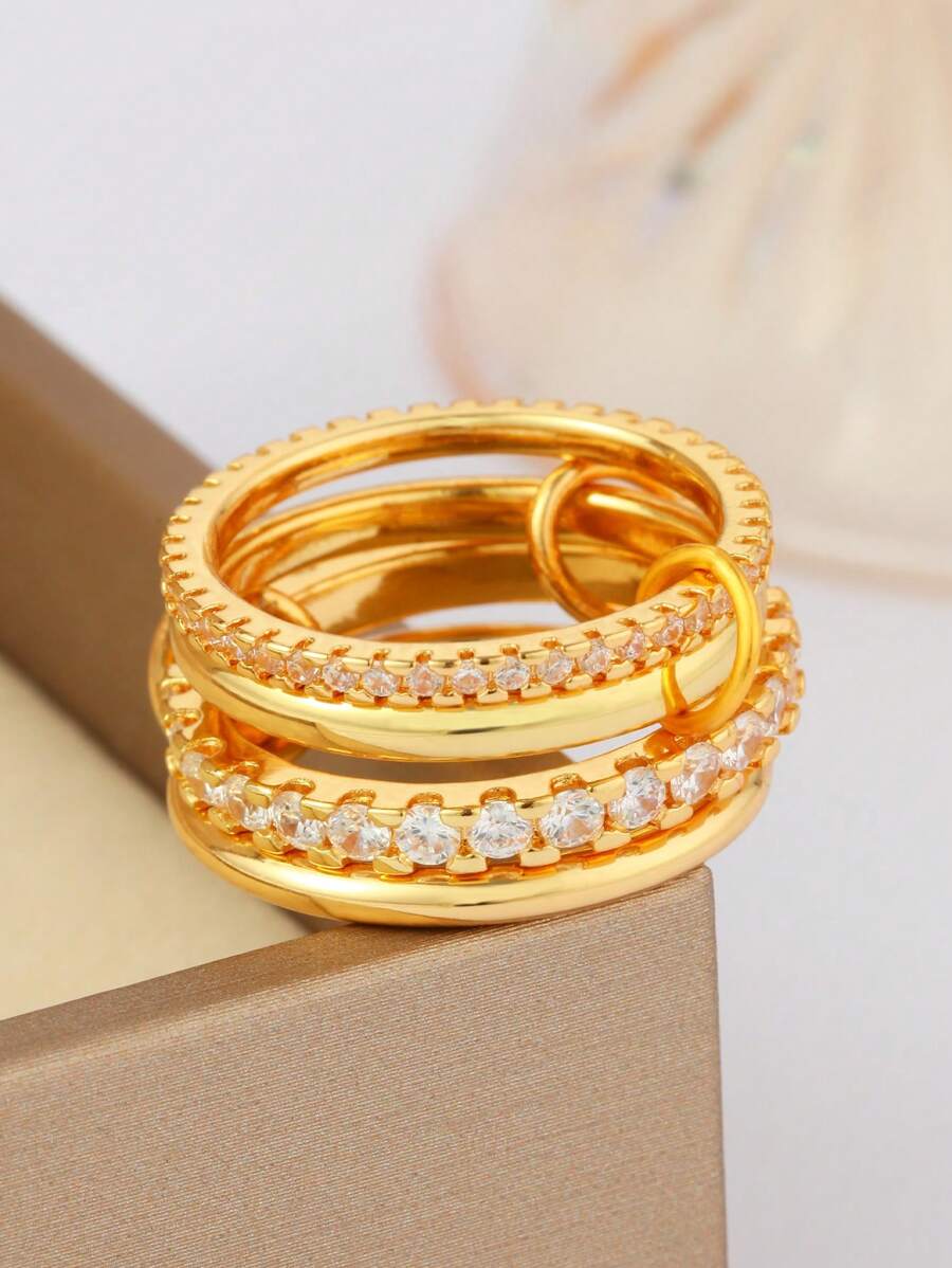 1 pieza Anillo de mujer personalizado de 4 capas de cobre con circonita, versátil y creativo, adecuado para fiesta, regalos de festivales, uso diario