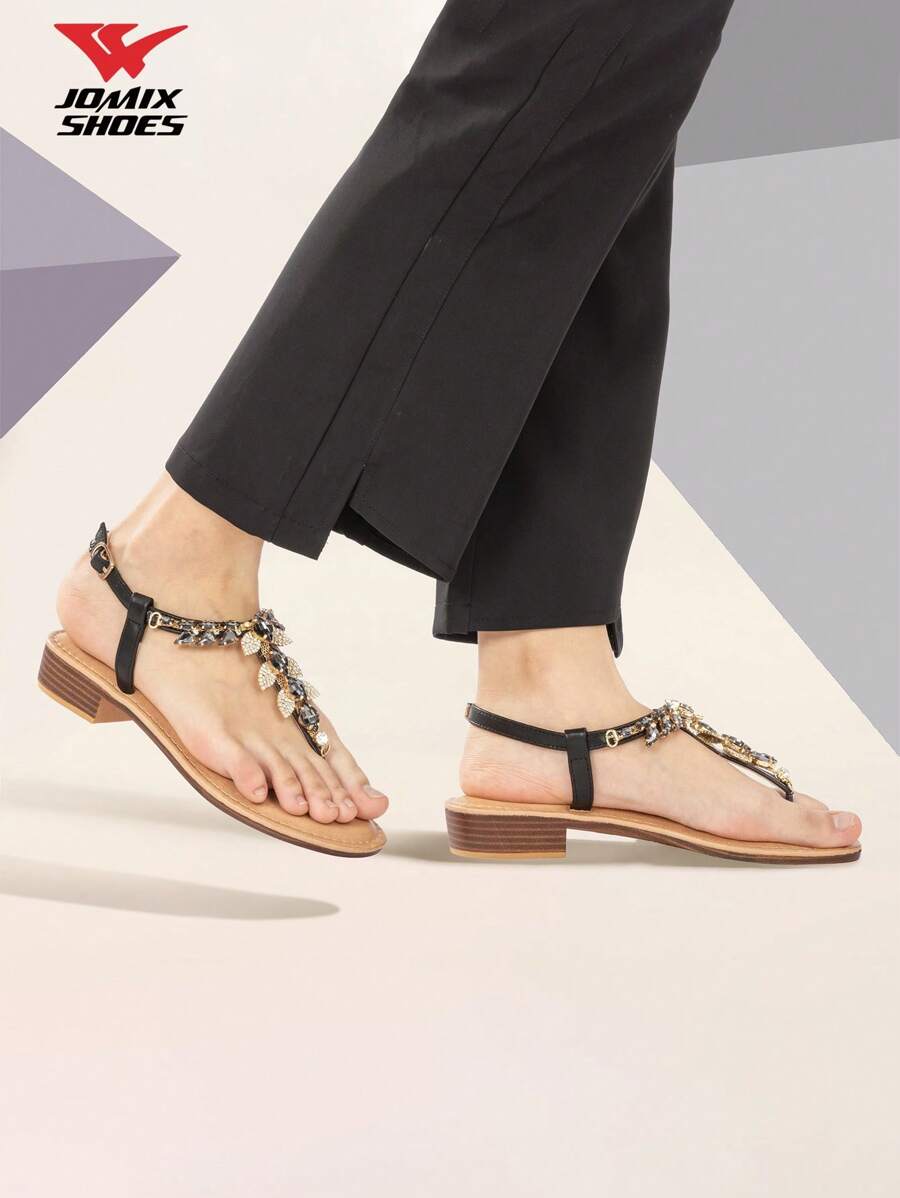 JOMIX Sandali estivi da donna, scarpe aperte da donna, sandali gioiello donna, ciabatte mare donna, sandali con tacco basso, design con pietre preziose, lucidi, con chiusura regolabile, eleganti scarpe da donna per l'estate