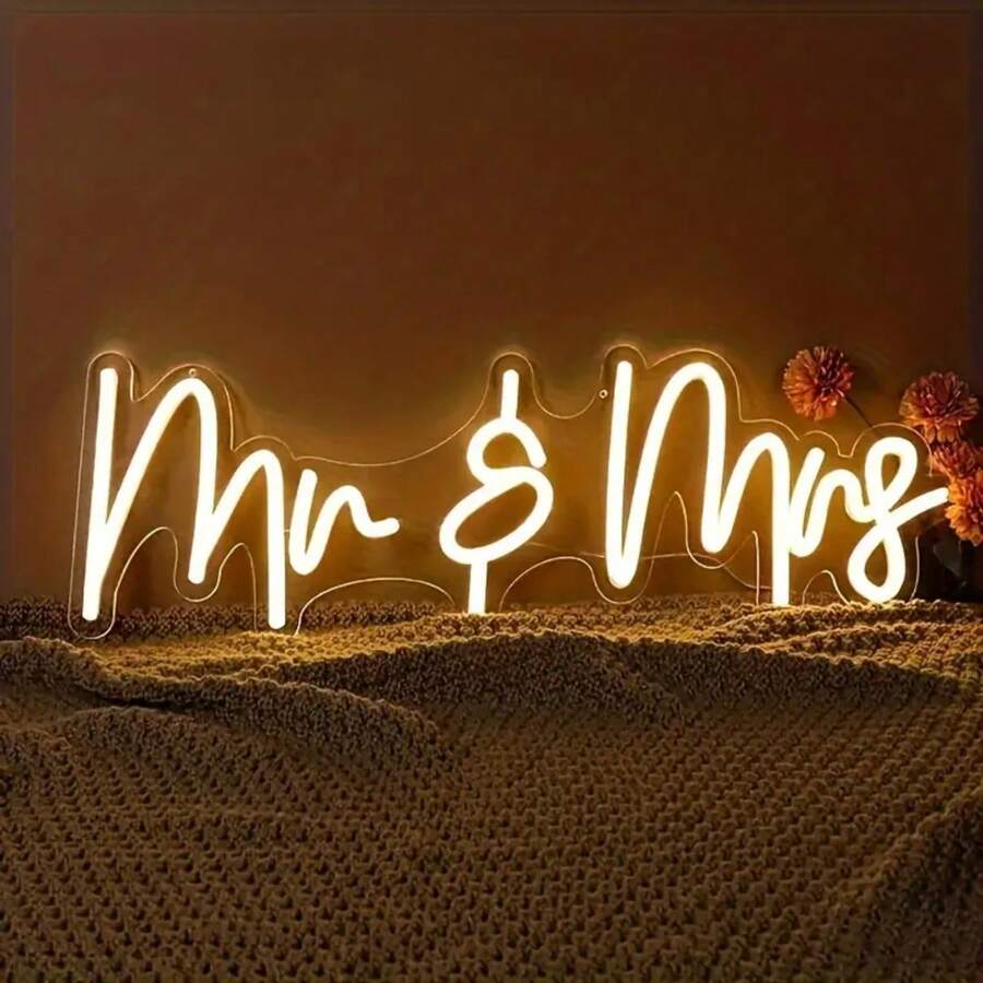 1 Pezzo Insegna Al Neon Mr & Mrs - Luminosità Regolabile, Luce Gialla Calda, Design Corsivo Moderno, Decorazione A Parete Alimentata USB Per Matrimoni, Anniversari, San Valentino, Camera Da Letto E Decorazione Per Feste