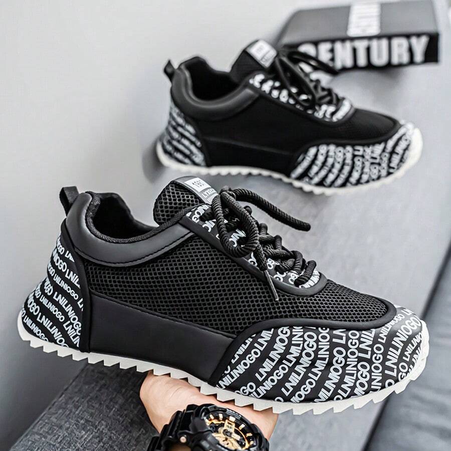 Men's Casual Sports Shoes, Fashion Random Letter Print Mesh & Leather Patchwork, Breathable Comfortable Lightweight Sneakers, 3 Colors Available, Lace-Up Low-Top Round Toe Shoes For Casual, Party, Outdoor, Non-Slip Asymmetrical Sole, Fashionable Men's Footwear