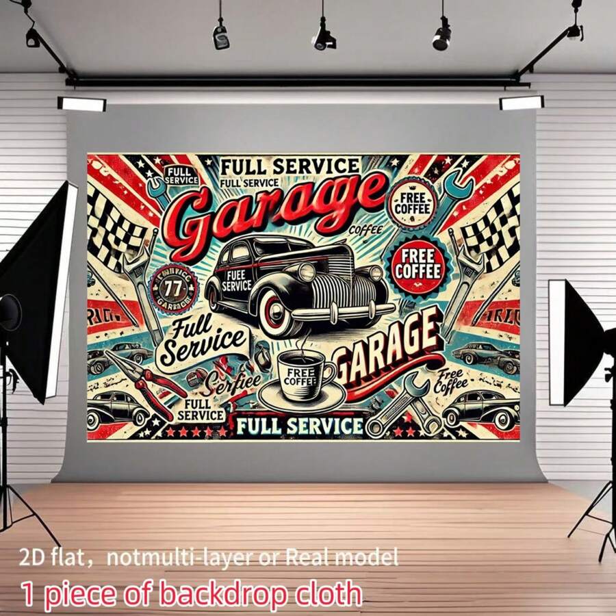 2D Backdrop Cloth, Vintage Garage Service Station Backdrop - Full-Service Coffee Theme Retro Americana Photography Background With Classic Cars & Tools, Indoor/Outdoor Banner For Birthday Parties, Holiday Decor, Studio Props,2D Flat,Notmulti-Layer Or Real Model