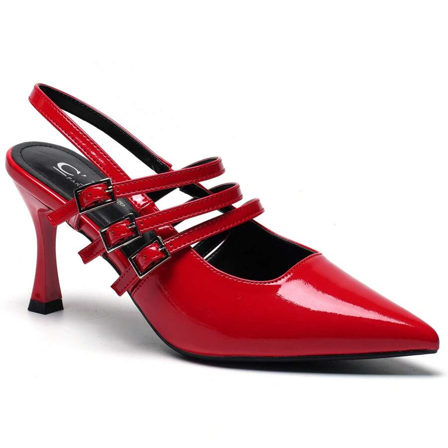 Scarpe con punta affusolata e tacco a molla con tripla fibbia - Eleganti pumps con cinturini per occasioni serali e formali da donna