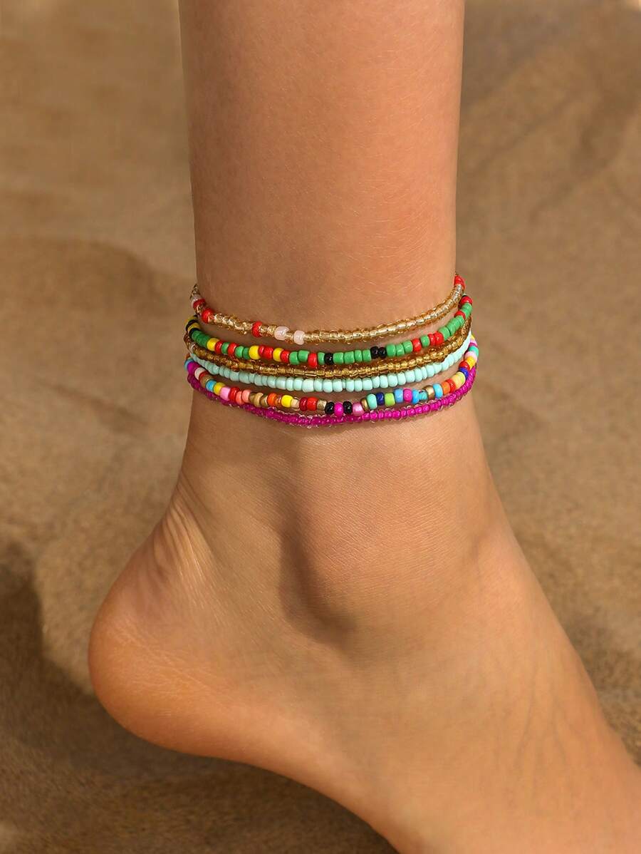 Set de 6 pulseras para tobillo bohemias y coloridas con cuentas, pulseras para el tobillo con cuerda elástica y decoración de cuentas hechas a mano para mujeres
