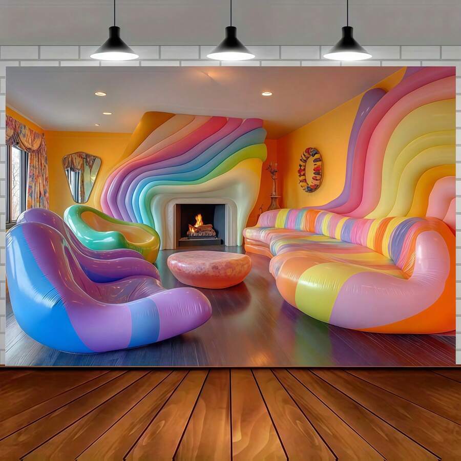 1pc Vibrant Rainbow Inflatable Sofa Lounge With Colorful Walls Backdrop Cloth, Cozy Fireplace & Playful Mirrors - No Power Needed - Ideal For Party Decorations, Photo Shoots & Home Decor, Party Decorations | Playful Design | Easy Clean Fabric, Inflatable Furniture For Parties,2D Flat,Notmulti-Layer Or Real Model