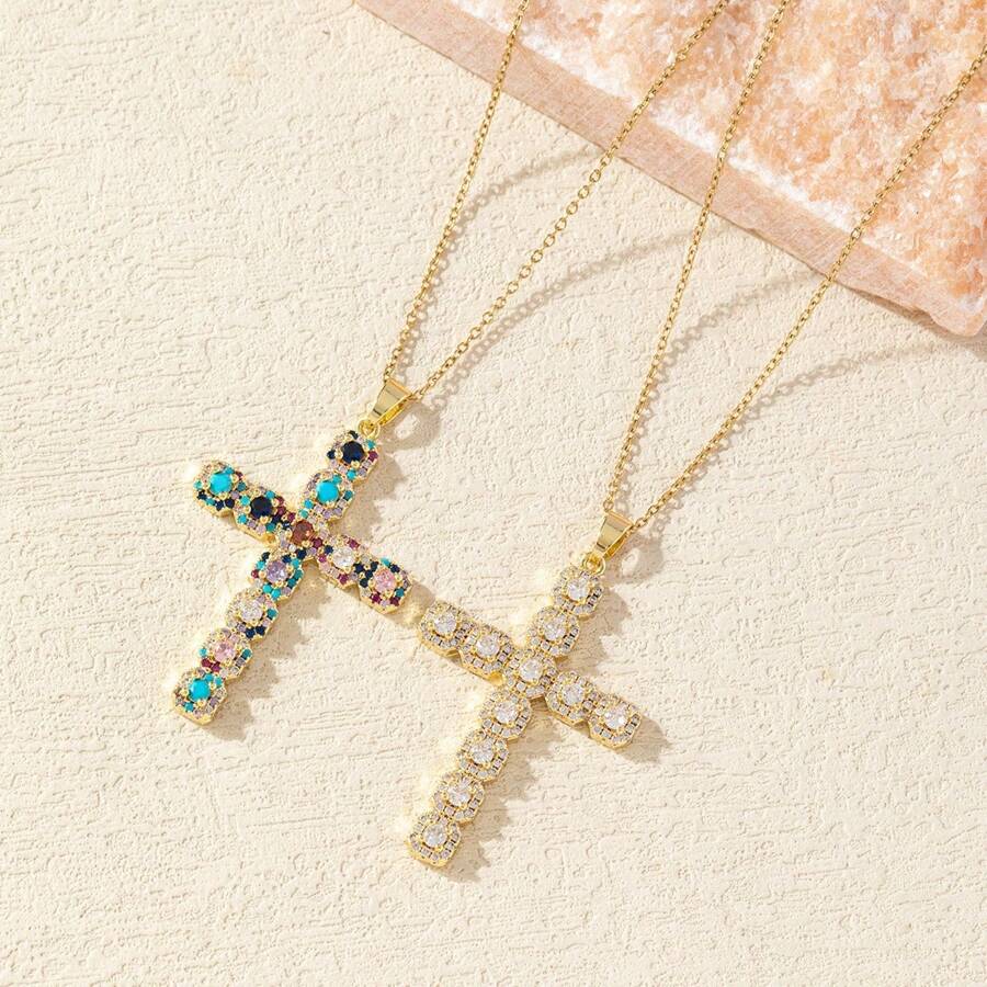 1 pièce Collier croix incrusté de zircone cubique en cuivre, collier en chaîne en acier de titane de luxe avec une esthétique haut de gamme, convient pour un usage quotidien, meilleur cadeau pour les femmes