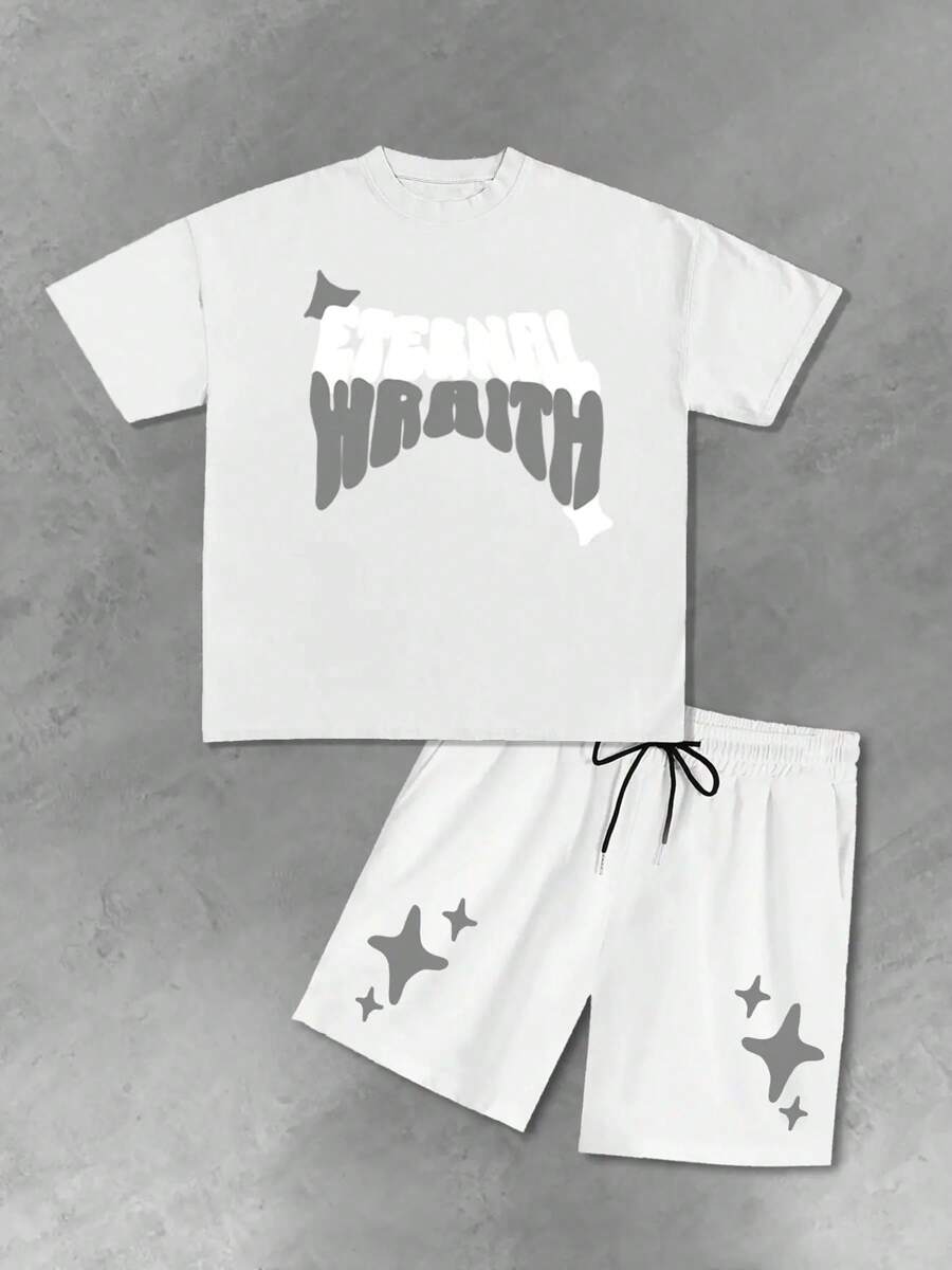 Men's Fashionable Street Style Text Graphic Print Round Neck Short Sleeve T-Shirt & Shorts 2pcs Set