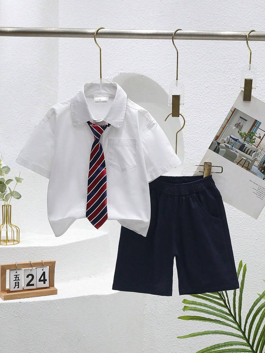 3pcs/Set Boys Summer Outfit: Loose-Fit Short Pants, White Shirt With Tie, Suit Set, Suitable For Party, Birthday, Gathering