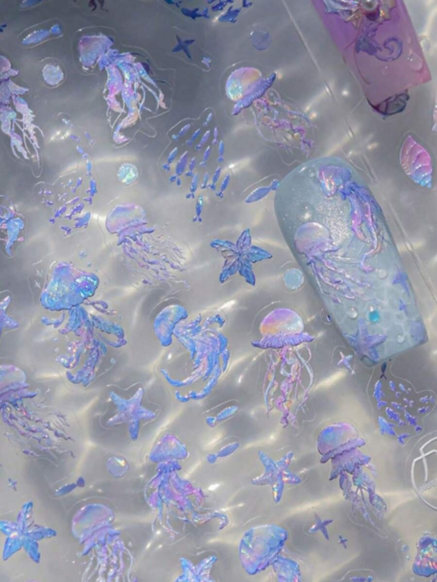 1pc 5D Relief Jellyfish Seahorse Nail Sticker, Dreamy Person Fish Tail Nail Sticker, DIY Self-Adhesive Nail Sticker