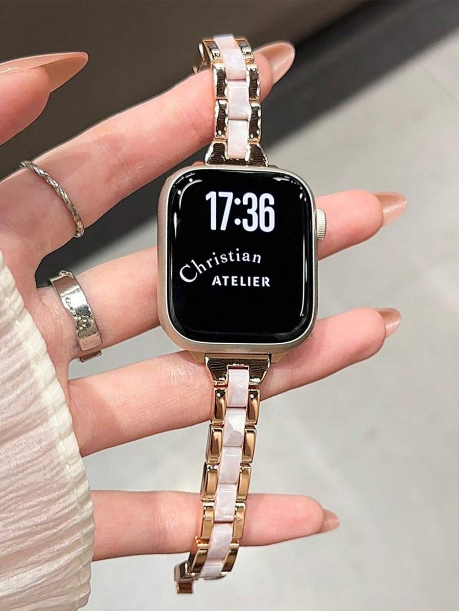 1pc Rose Gold Slim Thin Stainless Steel With Resin Watch Strap Compatible With Apple Watch Series 10 9 8 7 SE 6 5 4 3 2 1,Fashion Elegant Metal Watch Bnad Women Wrist Bracelet Compatible With IWatch Band 45mm 41mm 40mm 44mm 38mm 42mm 46mm Ultra2 49mm,Fashion Smart Watch Strap Compatible With Apple Watch Bands,Bracelet Montre Watch Strap Accessories,Correa Reloj Compatible With Apple Watch,Correa Para Reloj Inteligente,Watchbands For Smartwatch