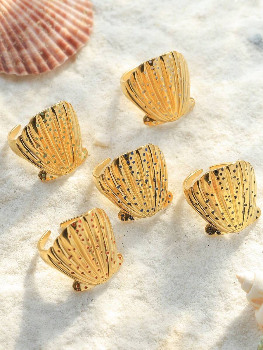 1 Stück goldfarbener Ring aus rostfreiem Stahl in Muschelform, geeignet für Frauen zum Tragen im Strandurlaub, auf Sommerfesten und anderen Anlässen