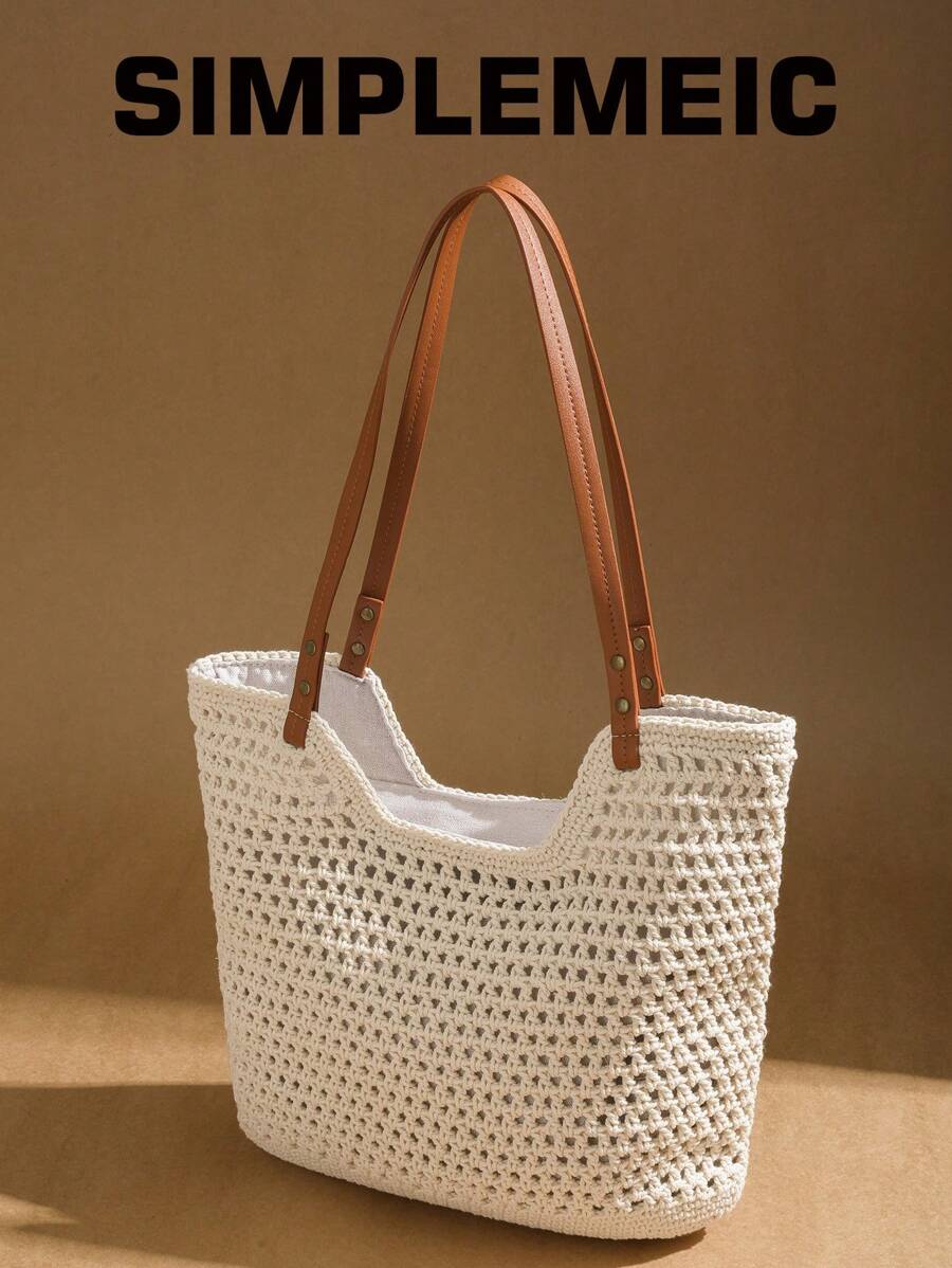 Women Minimalist Hollow Crochet Handbag, Summer Beach Shoulder Tote Bag For Women Vacation Outfit, Beach Essential