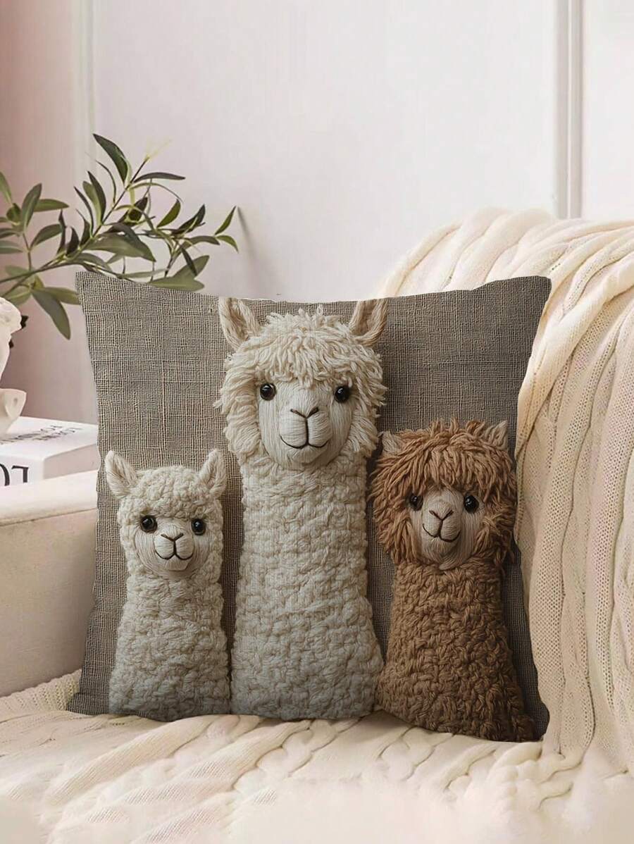 1pc Bohemian Alpaca Pillow Case, 18" X 18", Ultra Soft Plush With 3 Cute White/Brown/Black Alpacas, Zippered Closure, Bohemian Vintage Home Decor For Living Room, Bedroom, Nursery, Comfortable Bedding Accessory | Decorative Pillowcase | Soft Fabric, Pillow Cover (Pillow Insert Not Included)