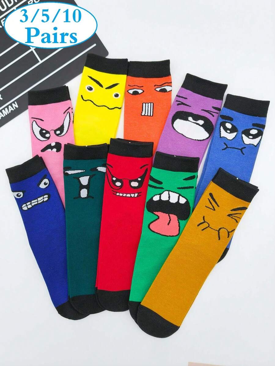 3 Pairs Random Color Block Funny Expression Street Fashion Mid-Calf Socks For Women, Style For Students And Couples