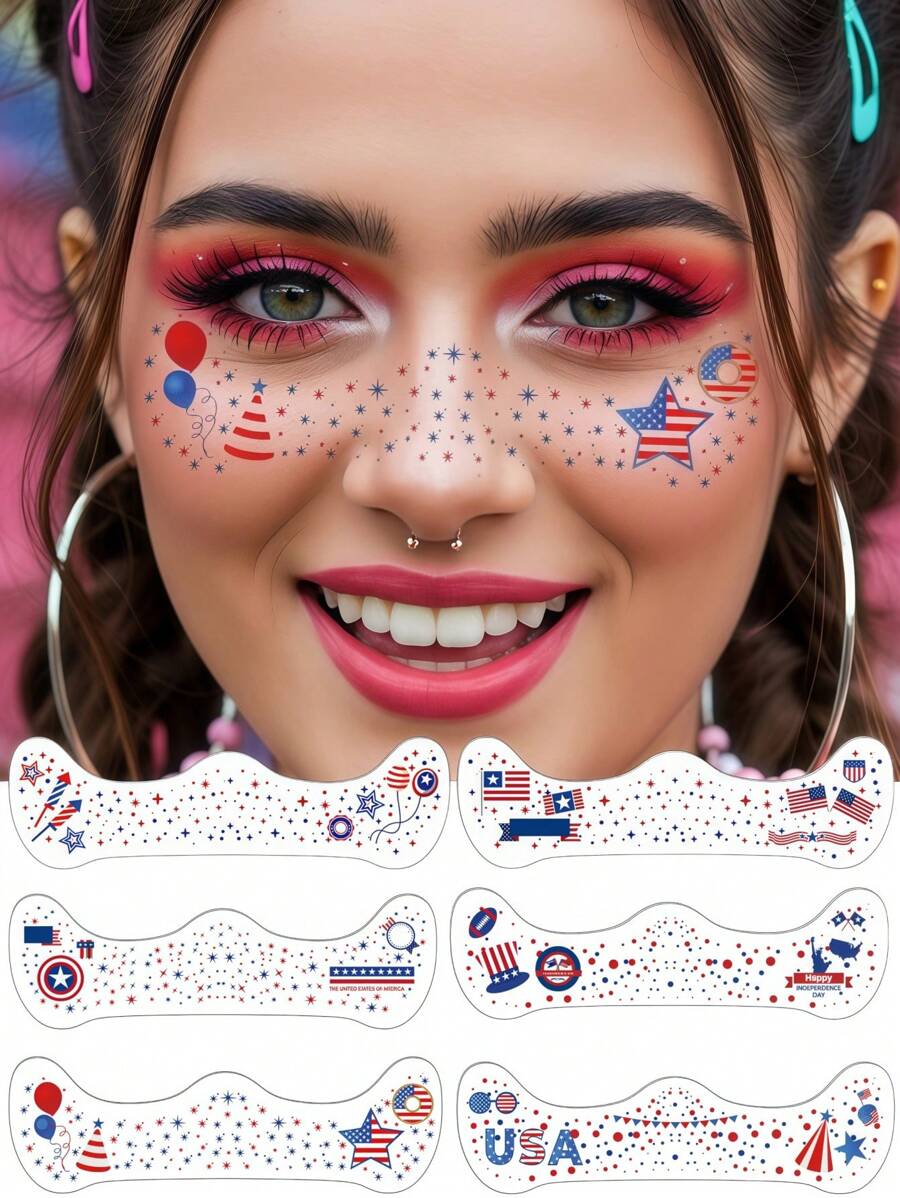 6 Sheets 4th Of July Face Tattoos Star Face Stickers 4th Of July Decorations Freckle Tattoo Red White And Blue Makeup Stickers Independence Day Accessories For Party Festivals