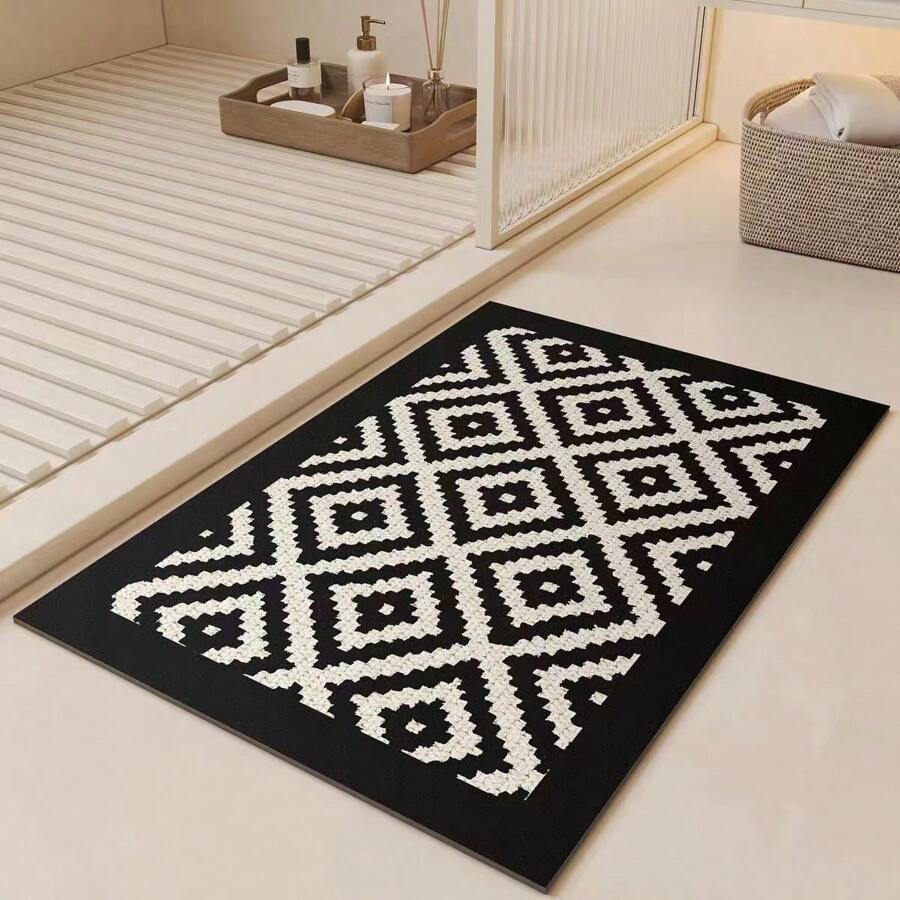Entrance Mat, Absorbent & Anti-Slip Square Silica Gel Mat, Entry Door Mat, Bathmat, Geometric Charm Carpet, Modern Black & White Artistic Geometric Design, Stylish Minimalist Geometric Pattern Carpet, Household Essential