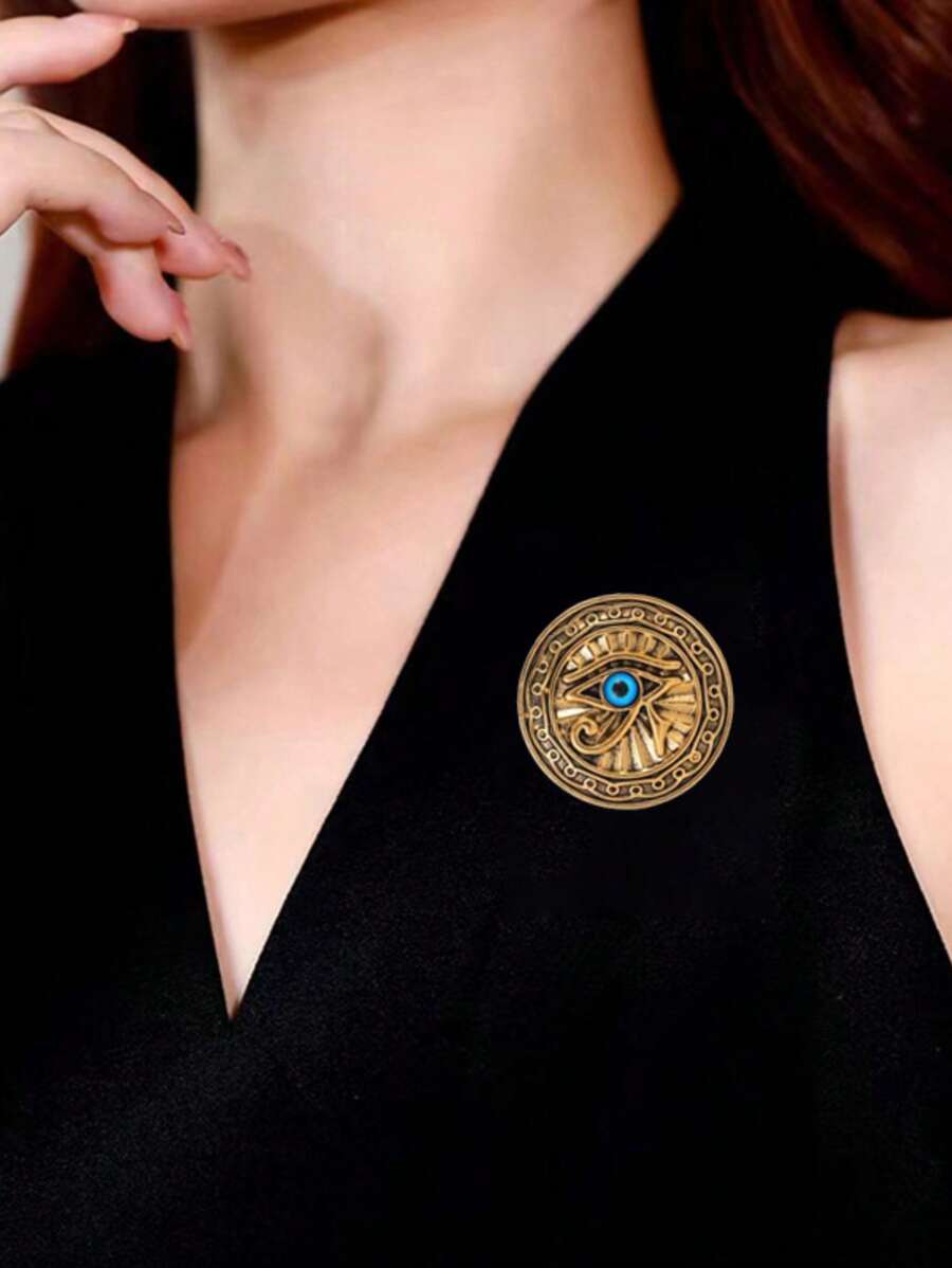 1pc Retro Egyptian Eye Of Horus Brooch, Unique Blue Eye Round Tag Copper Alloy Casual/Vintage Coat Accessory Gift Backpack For School
