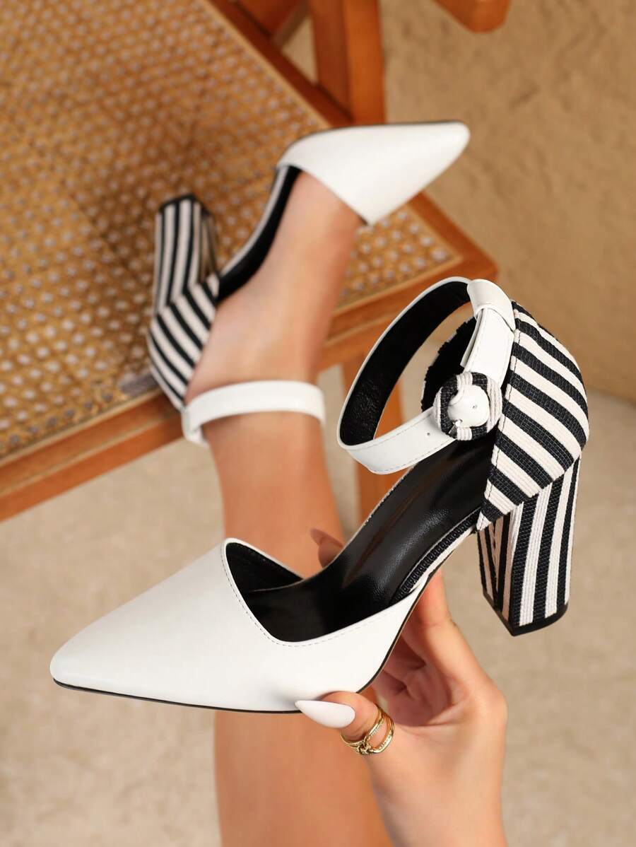 Elegant Women's High Heels - Fashionable Pointed Toe Dress Shoes With Ankle Strap, Suitable For Wedding And Party, Contrast Color High Heels With Striped Zebra Pattern, PU Leather, Party Wear