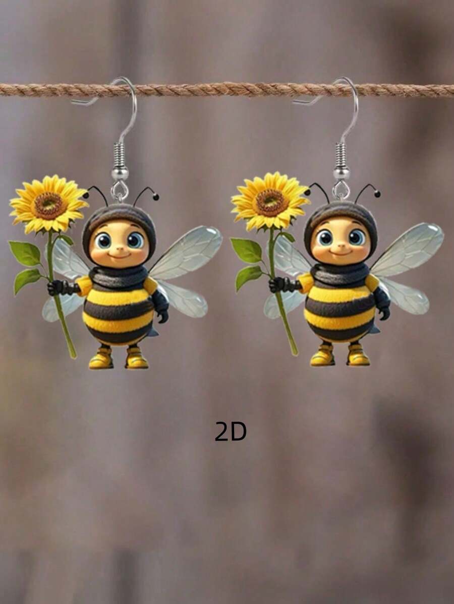 1 par de aretes creativos y lindos de abeja de acrílico sosteniendo un girasol, diseño de animal encantador como regalo para mujeres
