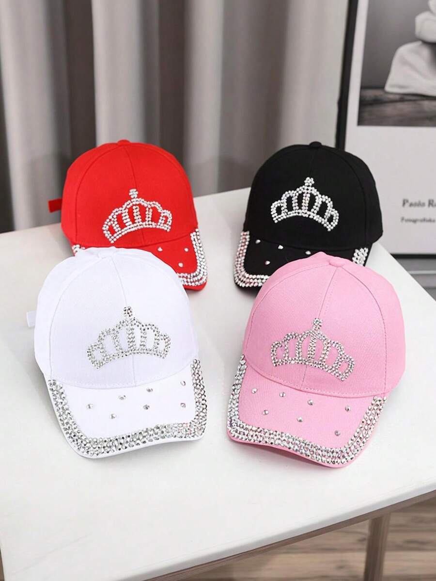 Șapcă de baseball decorată cu stras și broderie coroană, 1 buc., multicoloră, mărime reglabilă, potrivită pentru adulți și copii de 10+ ani, versatilă pentru scene precum camping în aer liber, pescuit, protecție solară, ciclism, călătorii