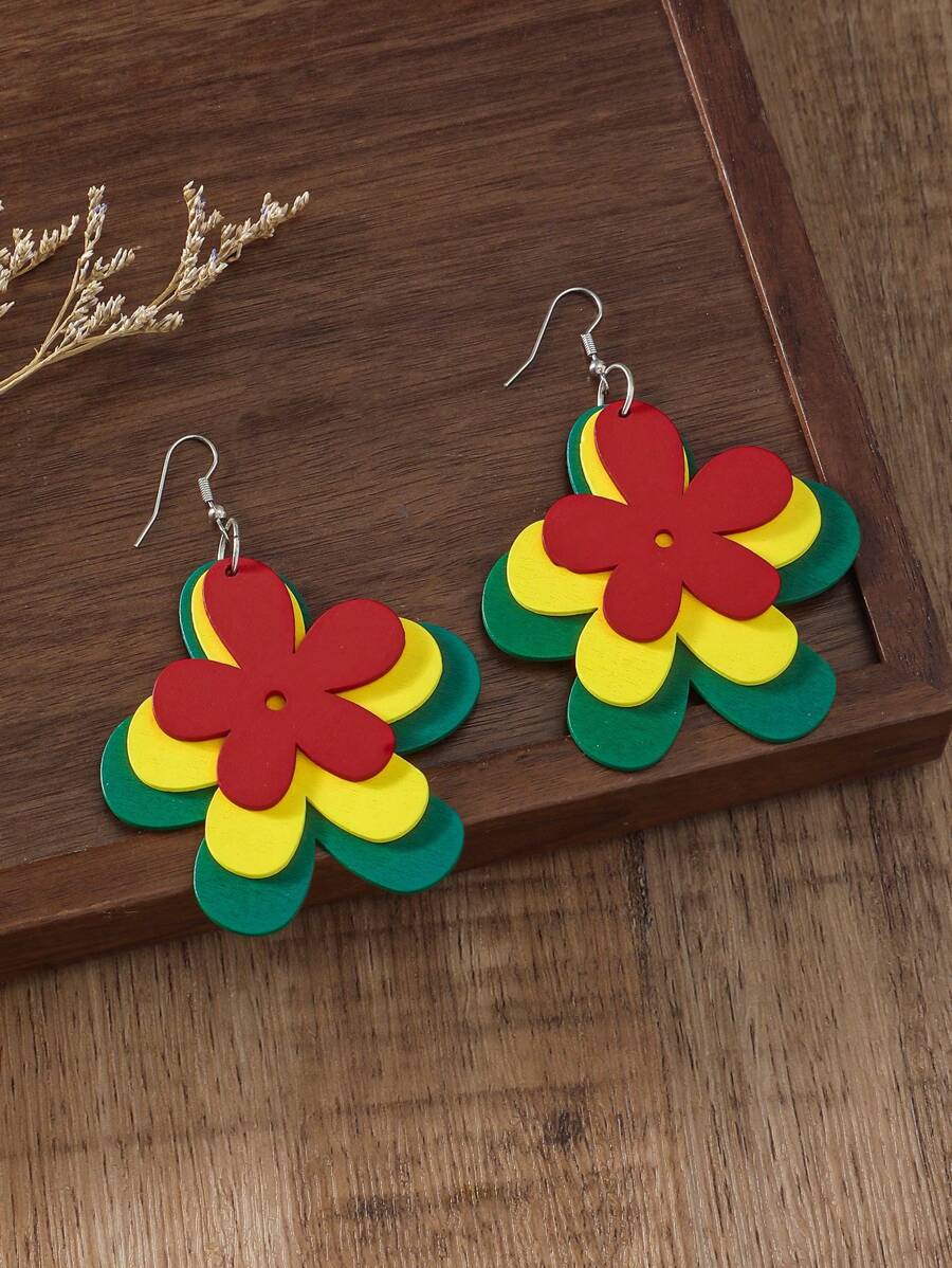 1 Pair Bohemian Wooden Multi-Layer Colorful Floral Earrings, Fashion Accessory For Vacation And Casual Wear