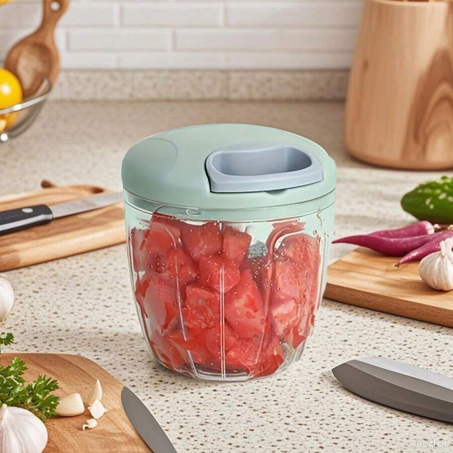 1pc Manual Meat Grinder And Garlic Chopper - Rotary Garlic Press With Transparent Container, Ideal For Chopping Vegetables And Onions - Great For Kitchen And RV Outdoor Cooking Accessories, RV Cooking Equipment | Ergonomic Design | Manually Operated Garlic Chopper, No Batteries Required