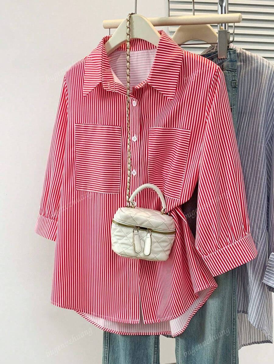 Women's Striped Lapel 3/4 Sleeve Shirt With Button Front & Mock Pocket - Casual Festival Date Night Top For Spring Fall